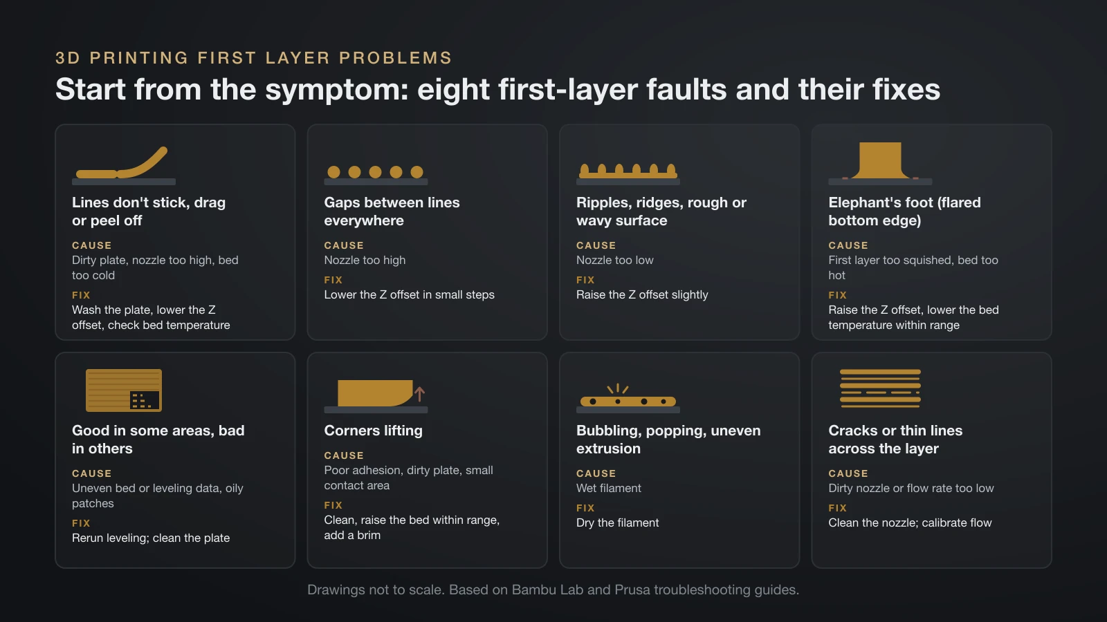 Eight symptom cards for 3D printing first layer problems: lines not sticking, gaps between lines, ripples and ridges, elephant’s foot, one uneven area, corners lifting, bubbling and uneven extrusion, and cracks or thin lines, each with its likely cause and fix