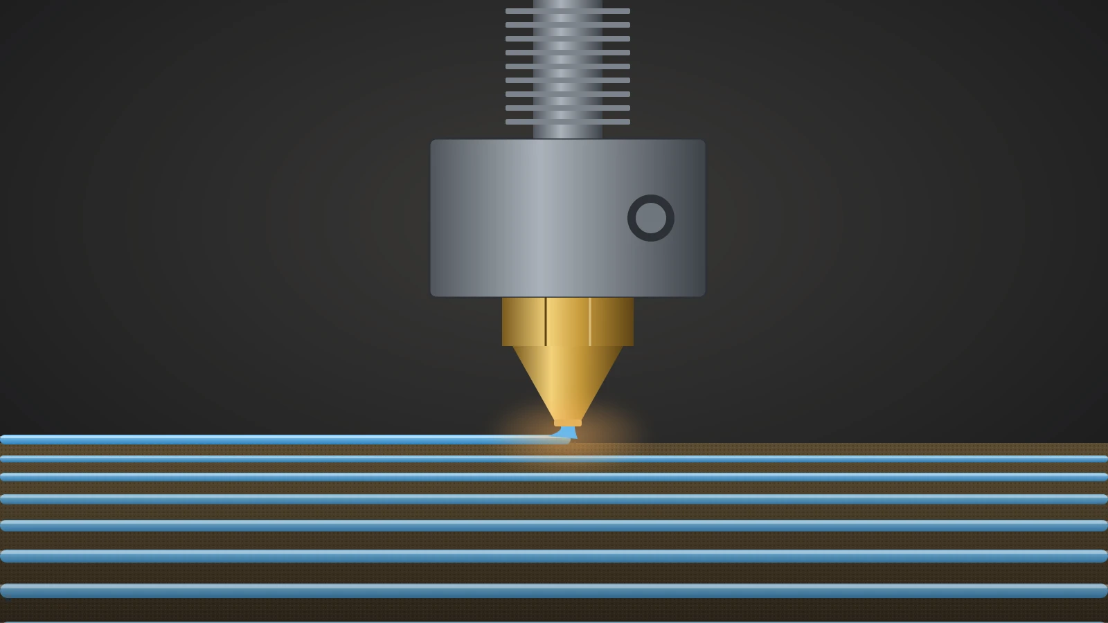 Illustration of a brass nozzle under a heater block laying a line of blue filament onto a textured build plate