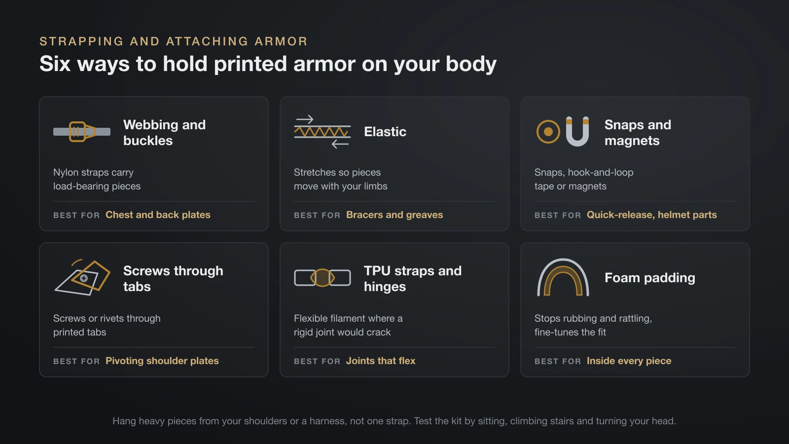 Six cards of ways to attach printed armor: nylon webbing and buckles for chest and back plates, elastic for bracers and greaves, snaps and magnets for quick-release parts, screws through printed tabs for shoulder plates, TPU straps and hinges, and foam padding