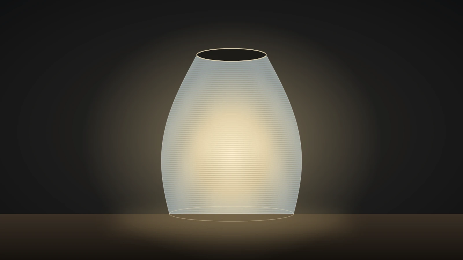Illustration of a frosted, translucent 3D printed lamp shade with fine layer lines, glowing warmly from inside on a dark table
