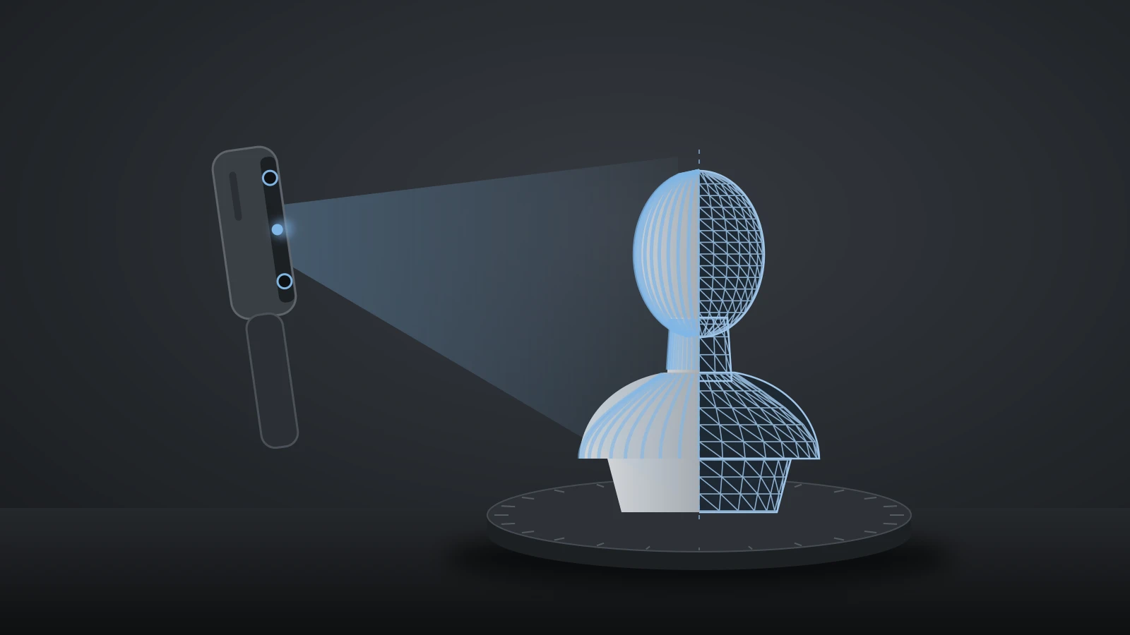 Illustration of a handheld 3D scanner projecting light stripes onto a stone bust on a turntable, with the scanned half of the bust shown as a triangle mesh