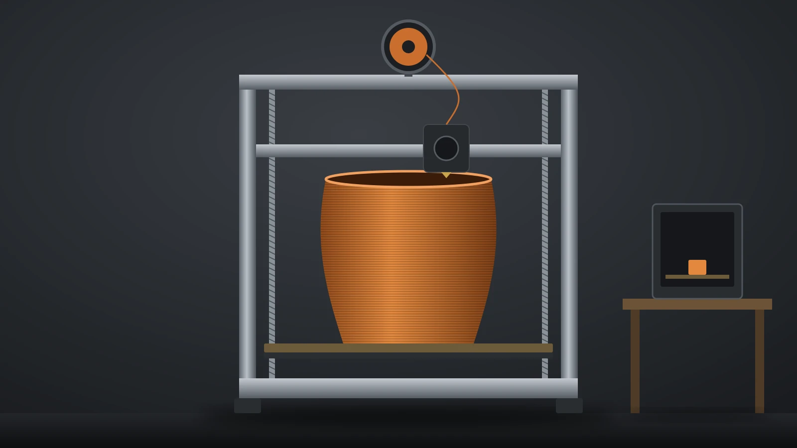 Illustration of a floor-standing large-format 3D printer printing a tall orange vase, next to a small desktop printer on a workbench