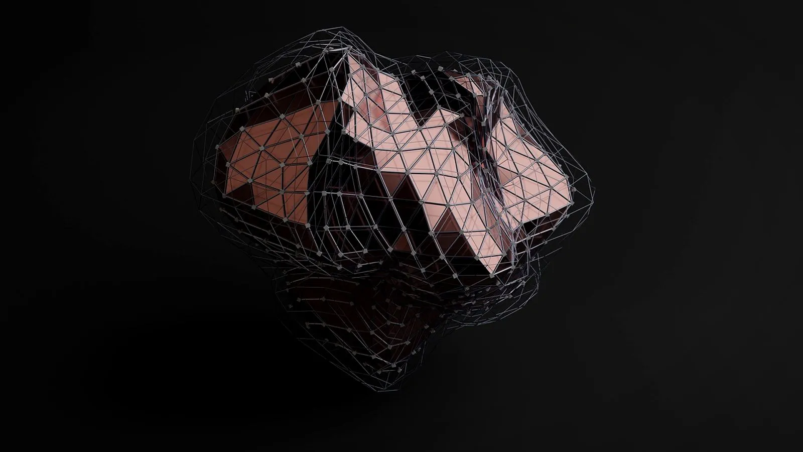 3D render of a faceted low-poly shape wrapped in a triangle wireframe mesh on a dark background