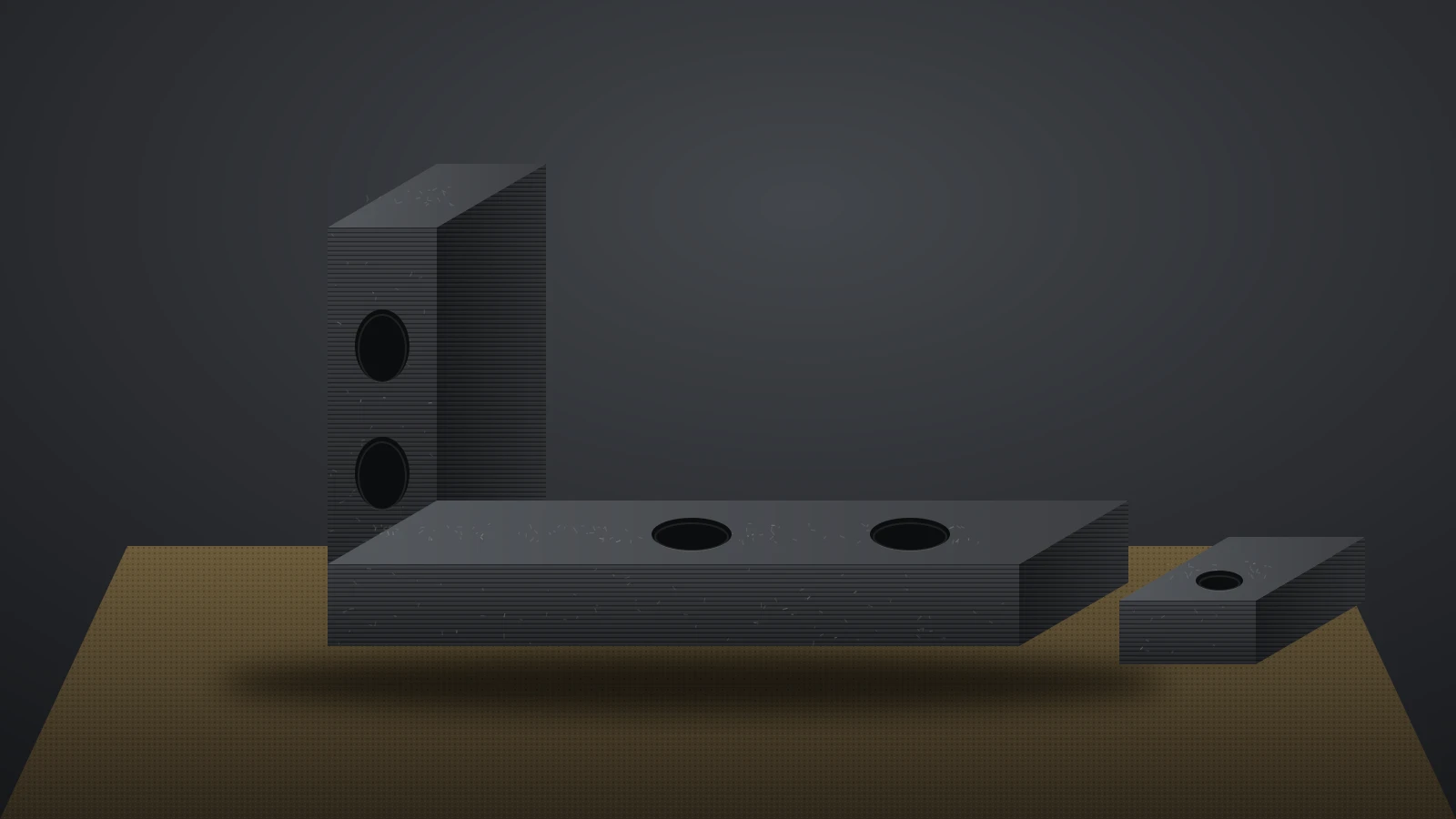 Illustration of a matte black 3D printed L-bracket with fine speckled texture and layer lines on a textured build plate, beside a small printed block