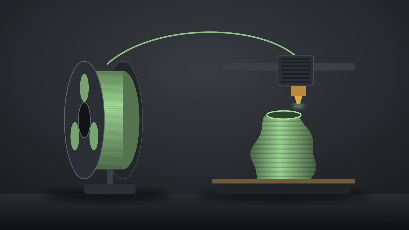 Illustration of a spool of light green PLA filament feeding a hotend that prints a twisted vase with visible layer lines on a build plate