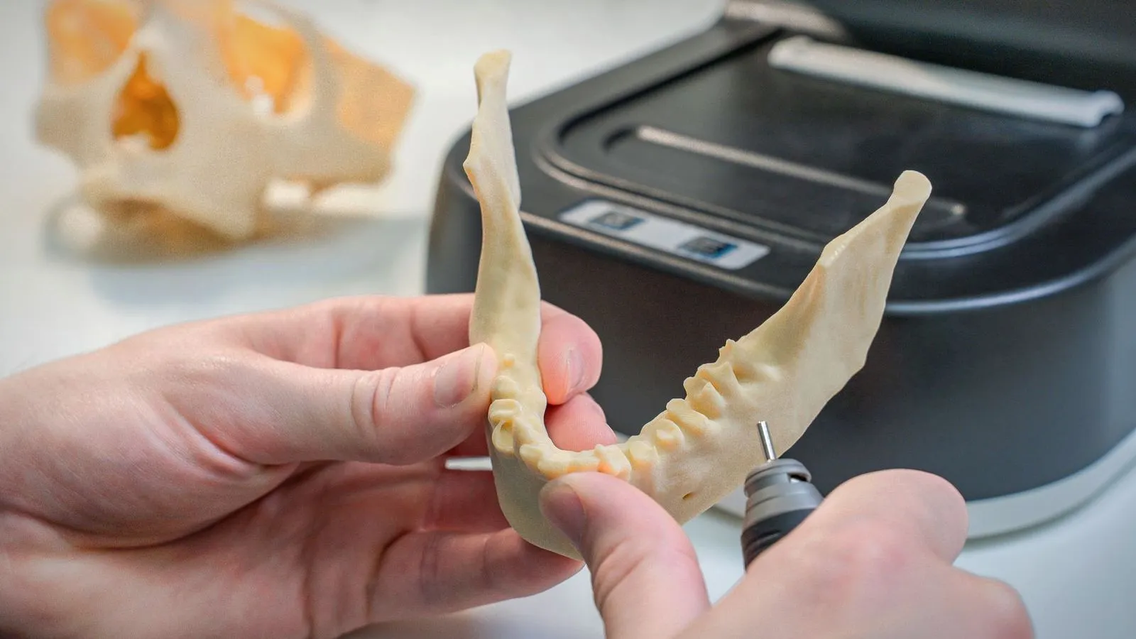 Hands smoothing a 3D printed jaw model with a small rotary tool, with a printed skull model in the background