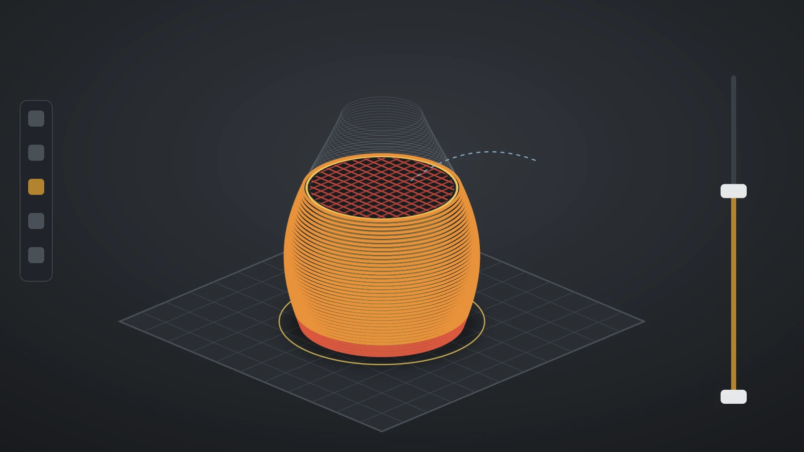 Illustration of a slicer layer preview: a vase on a gridded build plate with its walls and infill shown up to the layer slider and the rest of the model ghosted