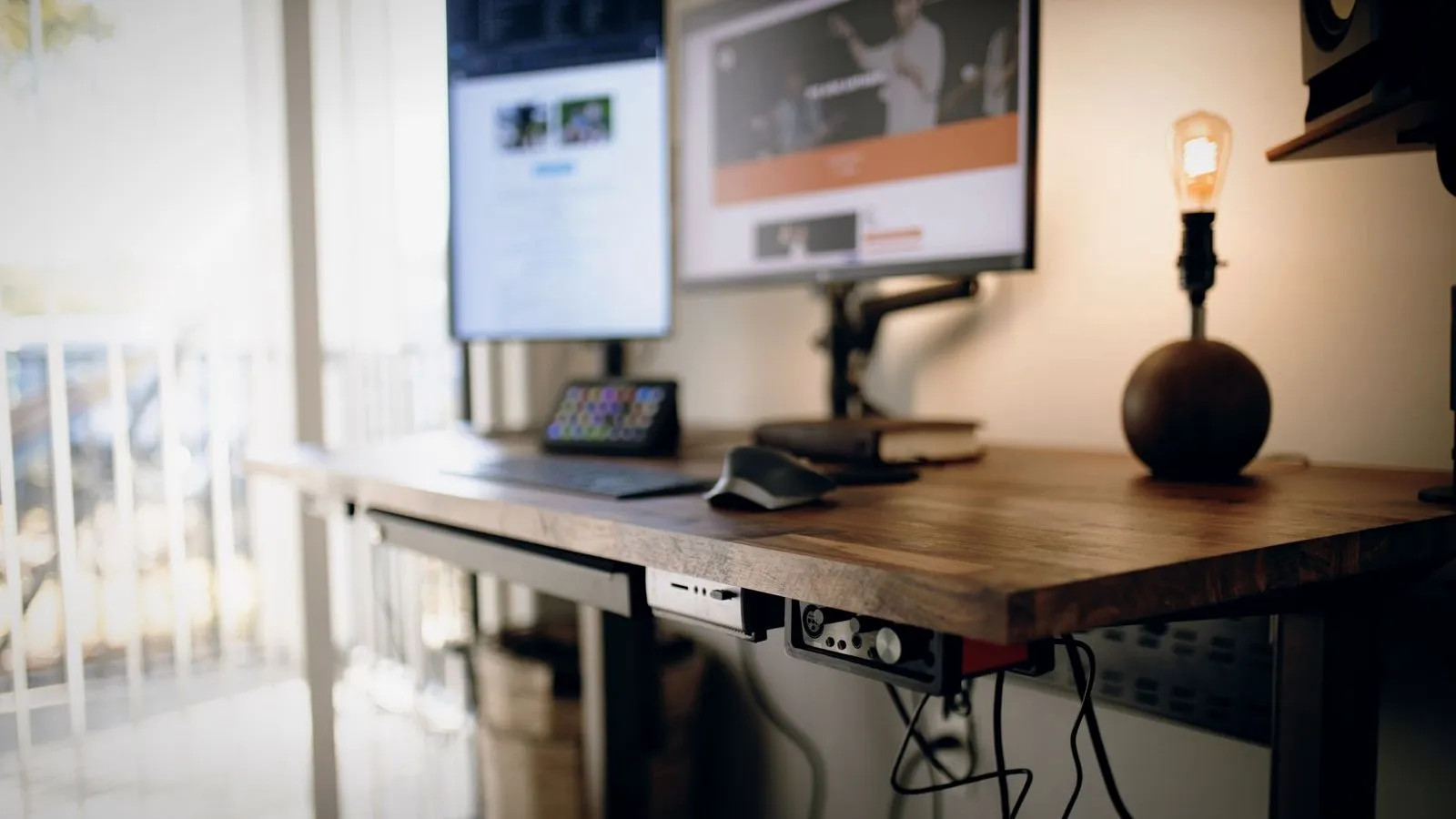 Wooden standing desk with small devices mounted under the front edge and their cables running down