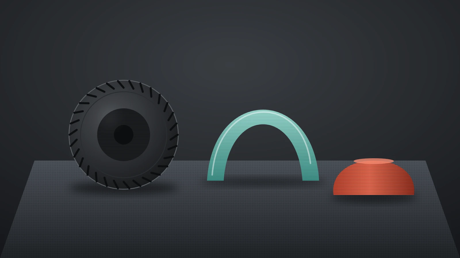 Illustration of flexible 3D prints on a textured build plate: a black printed tire, a translucent strap bent into an arch and a soft red bumper foot