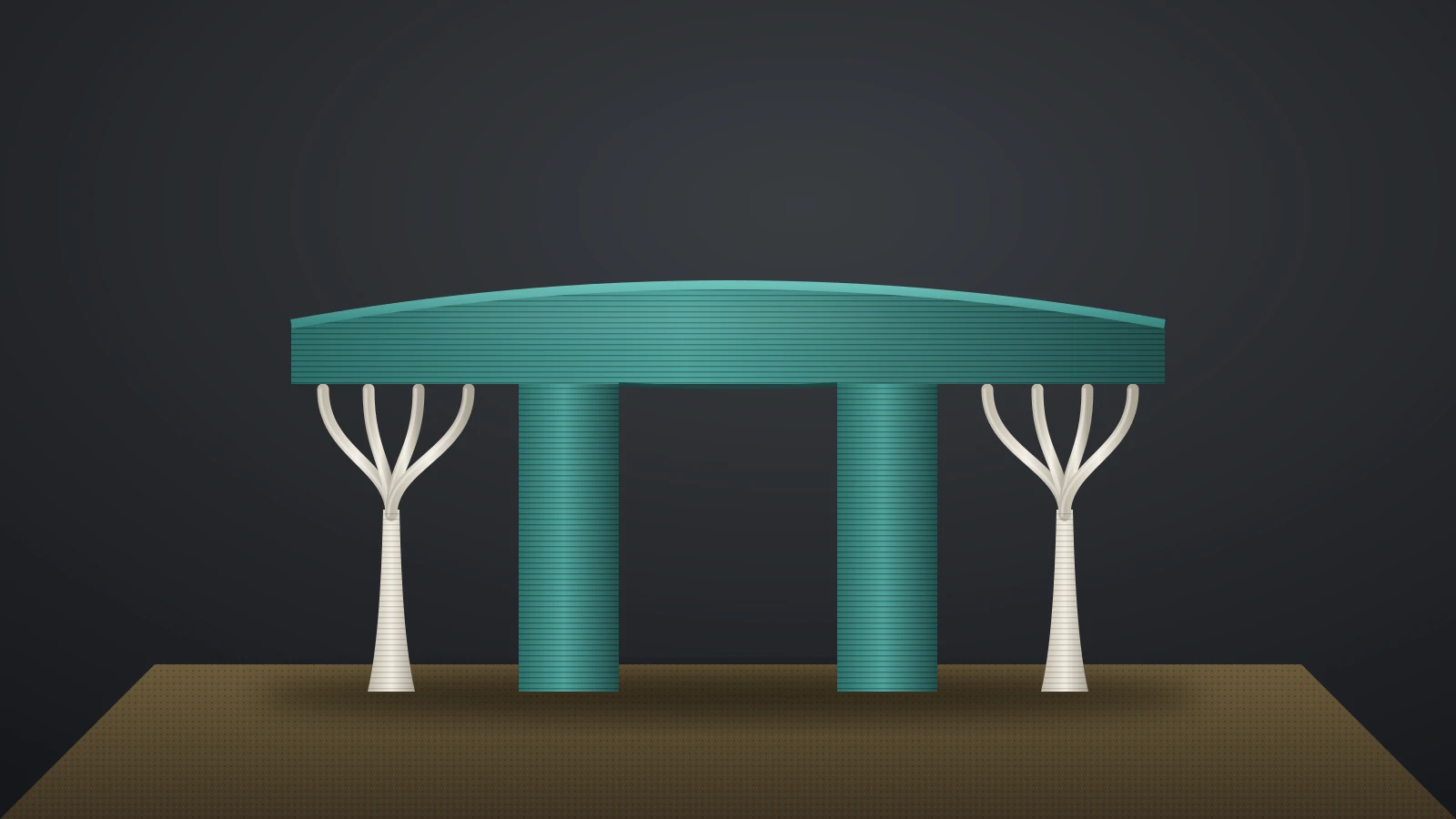 Illustration of a teal 3D printed part on a textured build plate, its wide overhanging roof held up by off-white tree supports on both sides